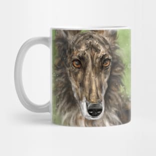 Painting of a Gorgeous Silken Windhound Brindle Coat Brown Red White on Green Background Mug